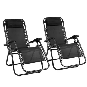 Gardeon Zero Gravity Chairs 2PC Reclining Outdoor Furniture Sun Lounge Folding Camping Lounger Black