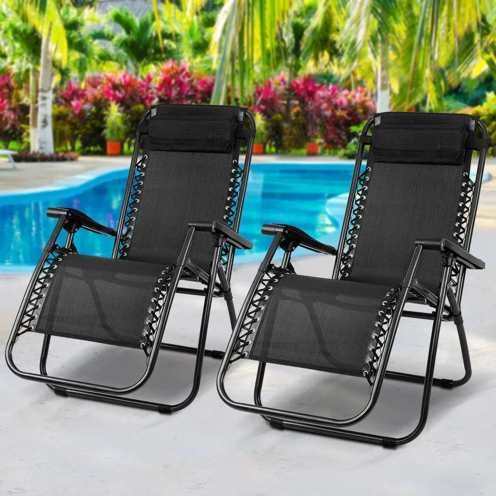 Gardeon Zero Gravity Chairs 2PC Reclining Outdoor Furniture Sun Lounge Folding Camping Lounger Black