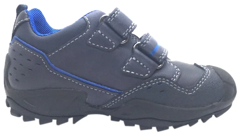 Geox Boy's Savage Navy Royal Blue Leather Double Hook and Loop Sporty Sole Low Top Sneaker