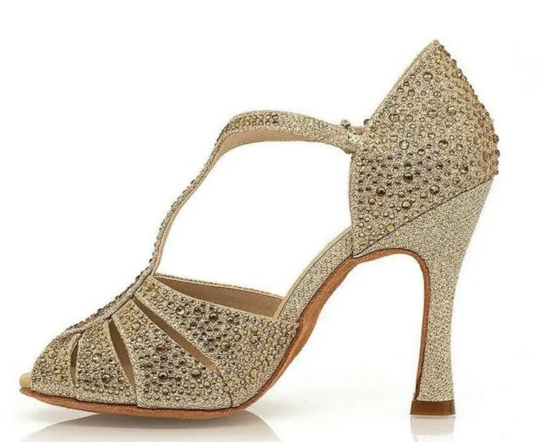 Gold Glitter Rhinestones T-Strap Salsa Latin Bachata Dance Shoes