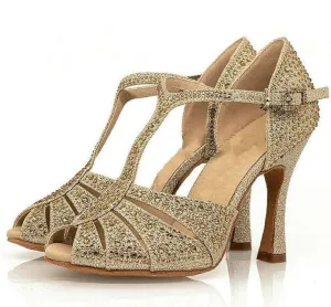 Gold Glitter Rhinestones T-Strap Salsa Latin Bachata Dance Shoes