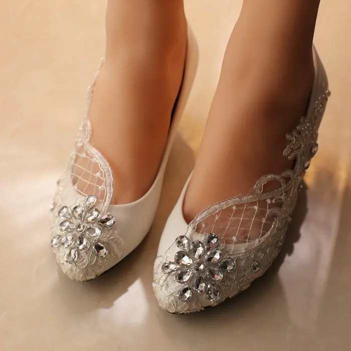 Handmade Middle Heels Pointed Toe Lace Crystal Wedding Bridal Shoes, S007