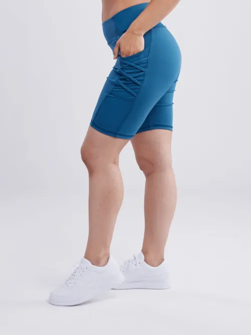 High-Waisted Workout Shorts with Pockets & Criss Cross Design