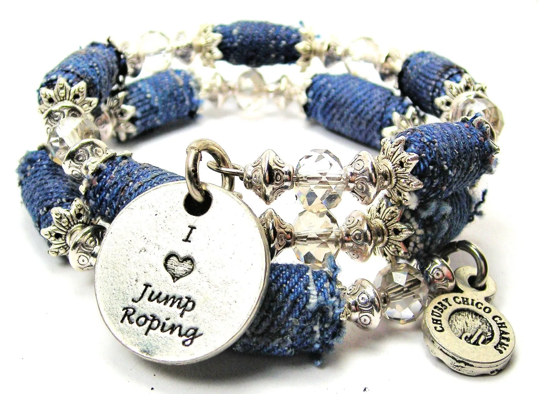 I Love Jump Roping Blue Jean Beaded Wrap Bracelet