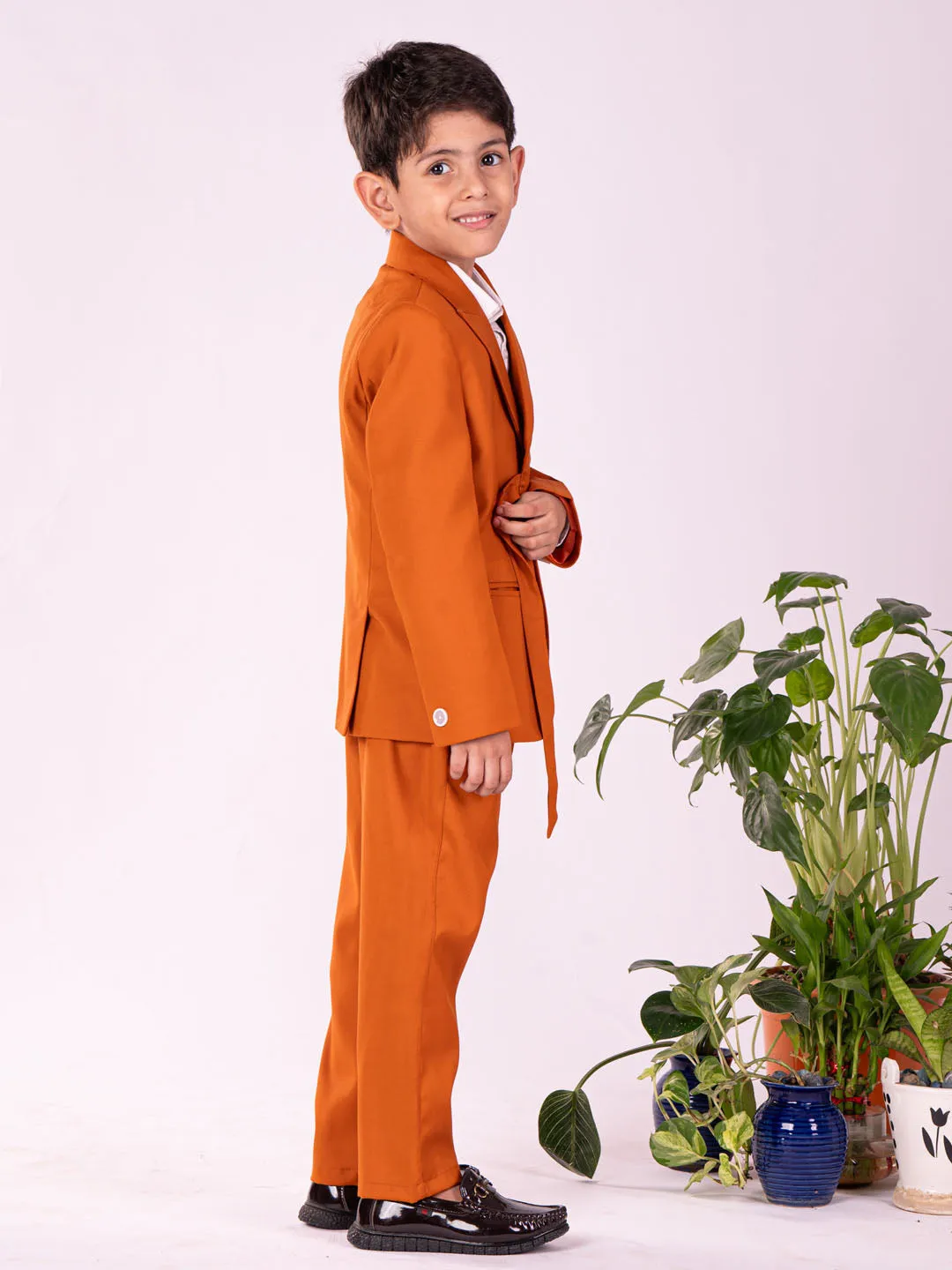 Jashvi Boys' White And Orange Shirt Blazer And Pant