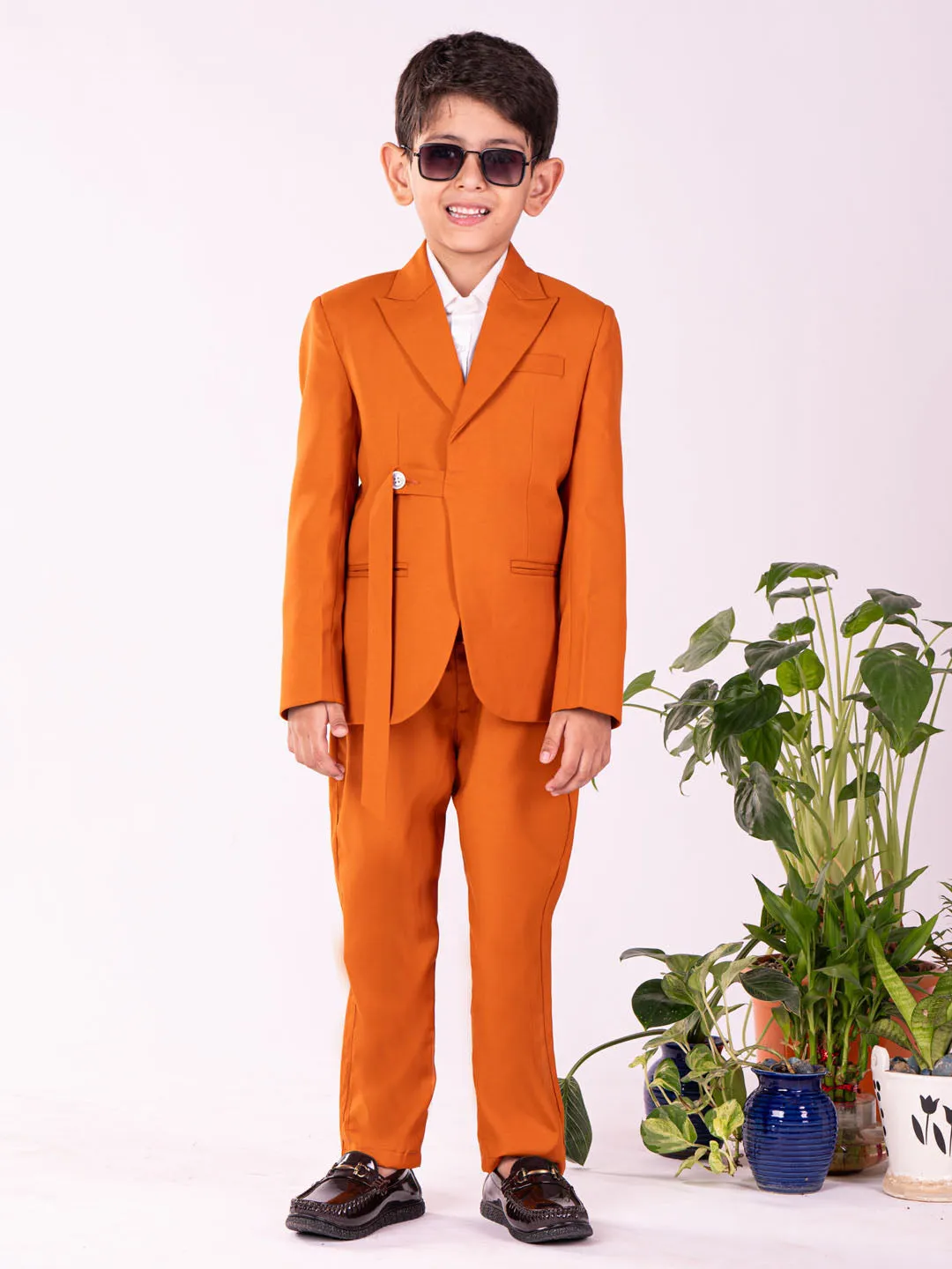 Jashvi Boys' White And Orange Shirt Blazer And Pant