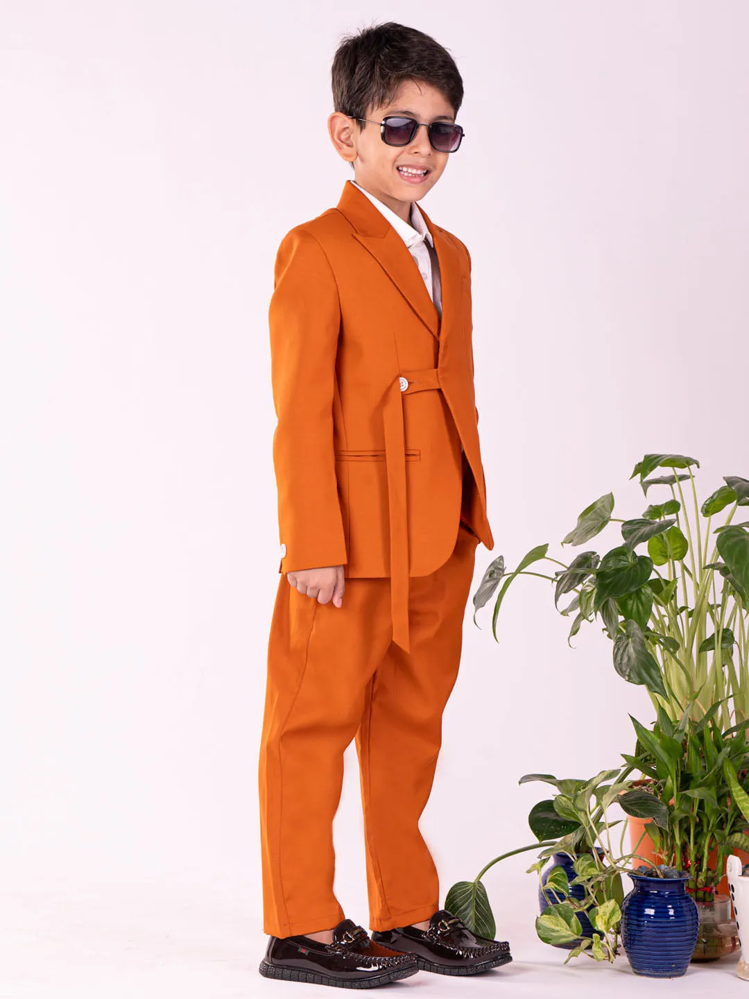 Jashvi Boys' White And Orange Shirt Blazer And Pant