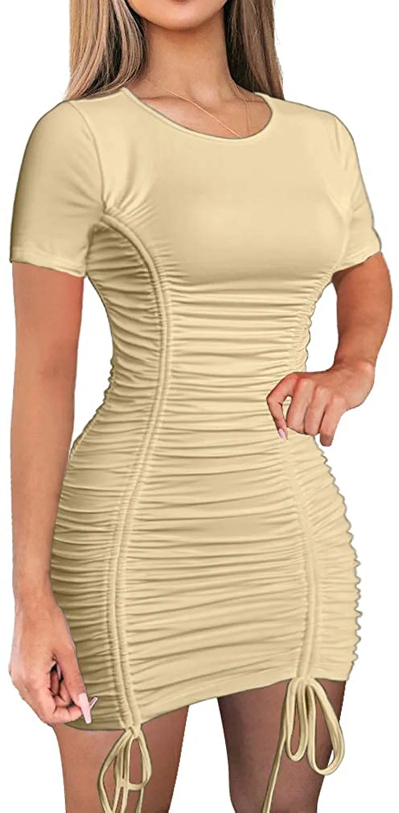 LAGSHIAN Women Sexy Summer Club Ruched Short Sleeve Drawstring Mini Bodycon Dress