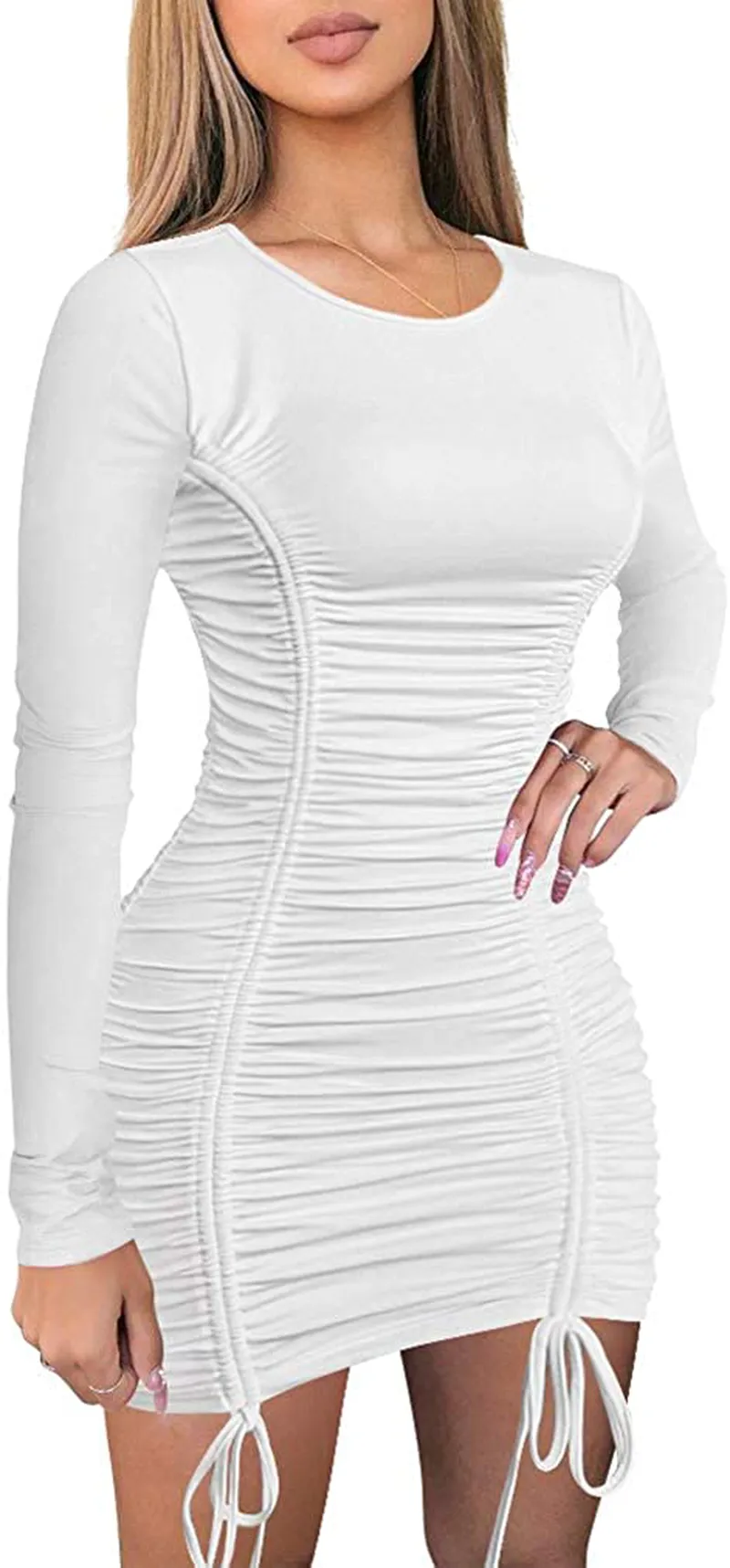 LAGSHIAN Women Sexy Summer Club Ruched Short Sleeve Drawstring Mini Bodycon Dress