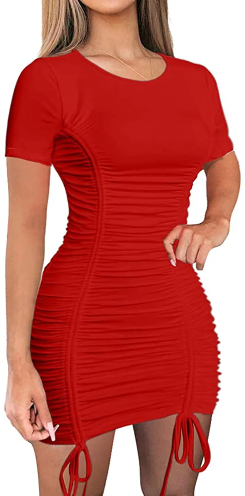 LAGSHIAN Women Sexy Summer Club Ruched Short Sleeve Drawstring Mini Bodycon Dress