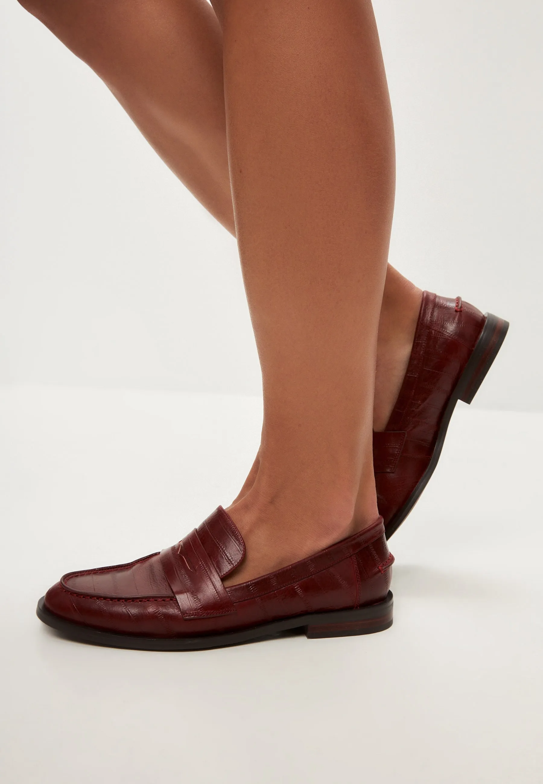 Leather Block Heeled Loafers - Bordeaux