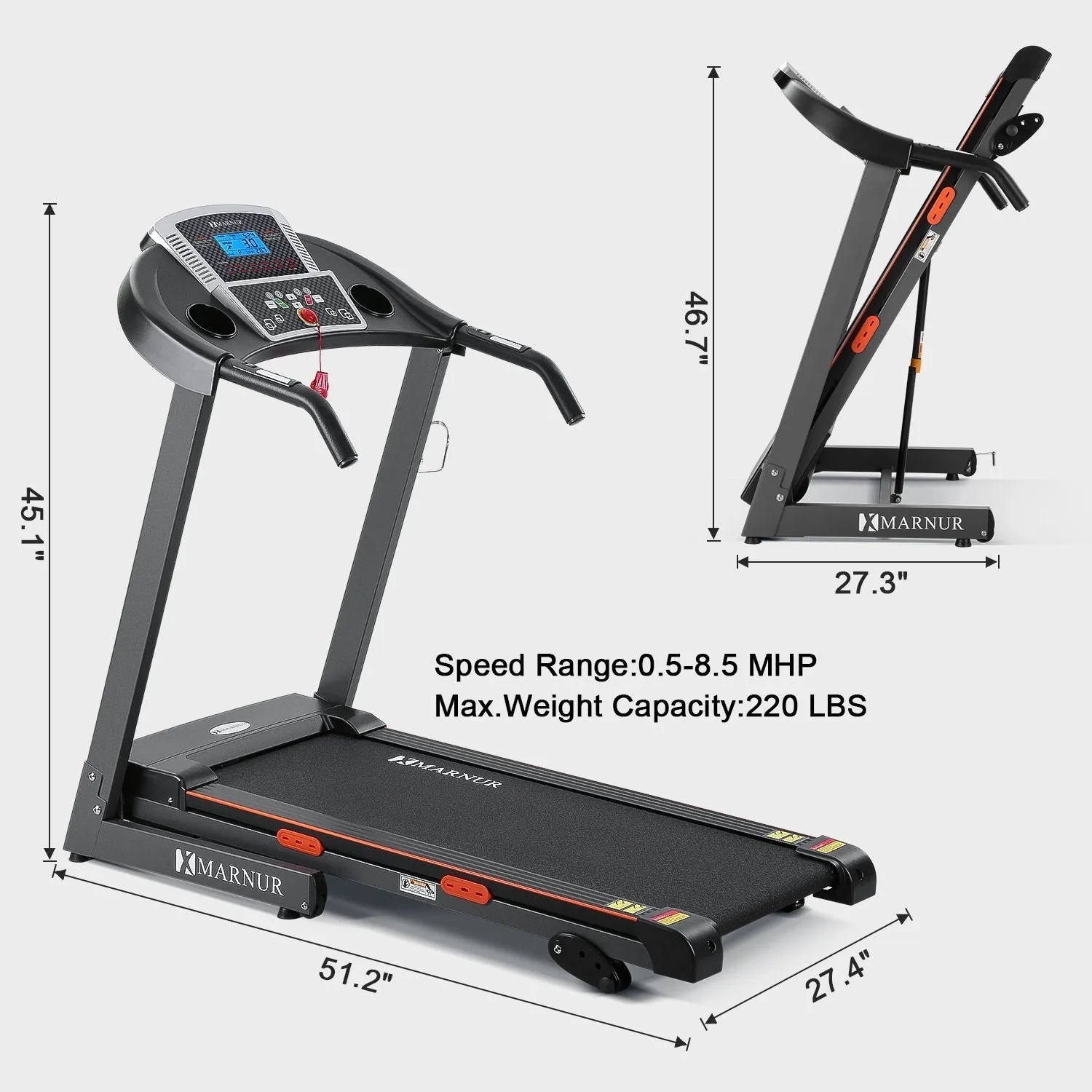 MARNUR Electric Treadmill Foldable 17" Wide Running Machine 3 Levels Manual Incline 2.5 HP Power 15 Preset Program Easy Assembly Max Speed 8.5 MPH with Large Display & Cup Holder for Home Use