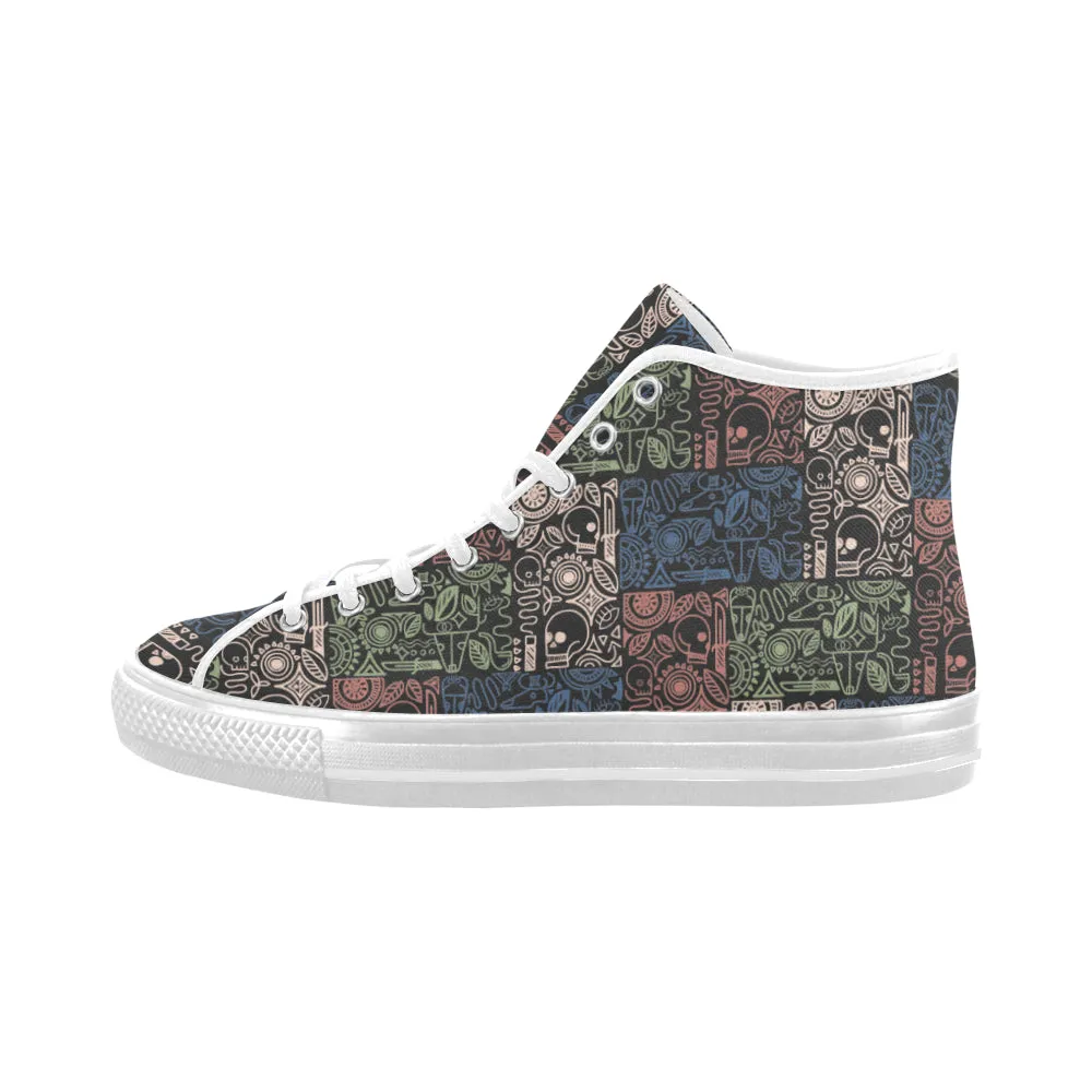 Men's Big Size Grey Skull Doodle Print Canvas High Top Shoes