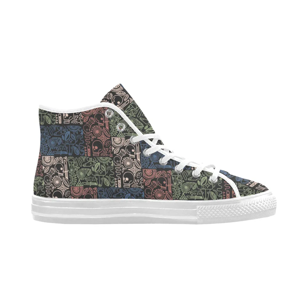 Men's Big Size Grey Skull Doodle Print Canvas High Top Shoes