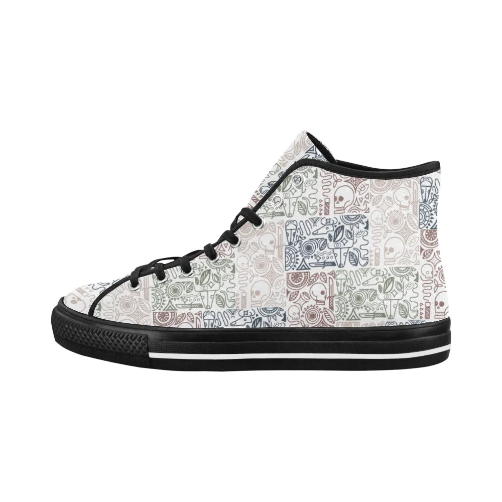 Men's Big Size White Skull Doodle Print Canvas High Top Shoes