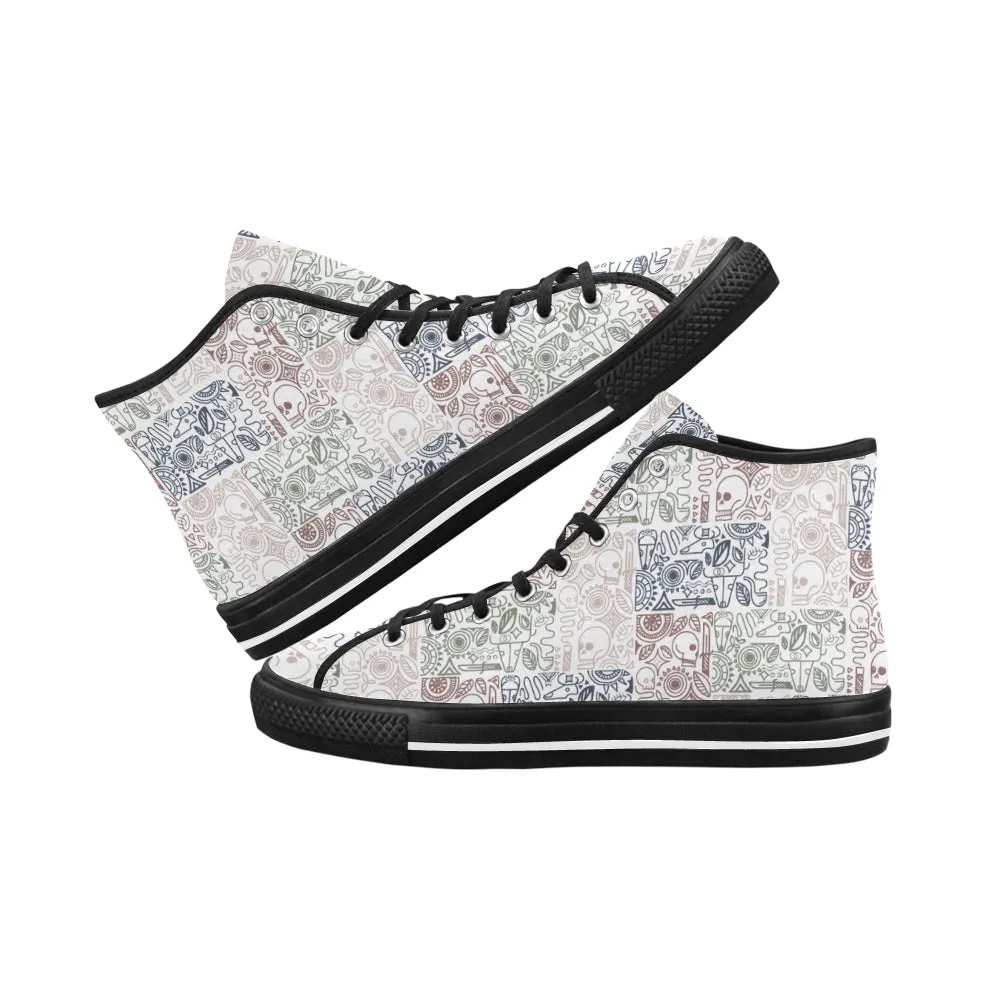 Men's Big Size White Skull Doodle Print Canvas High Top Shoes