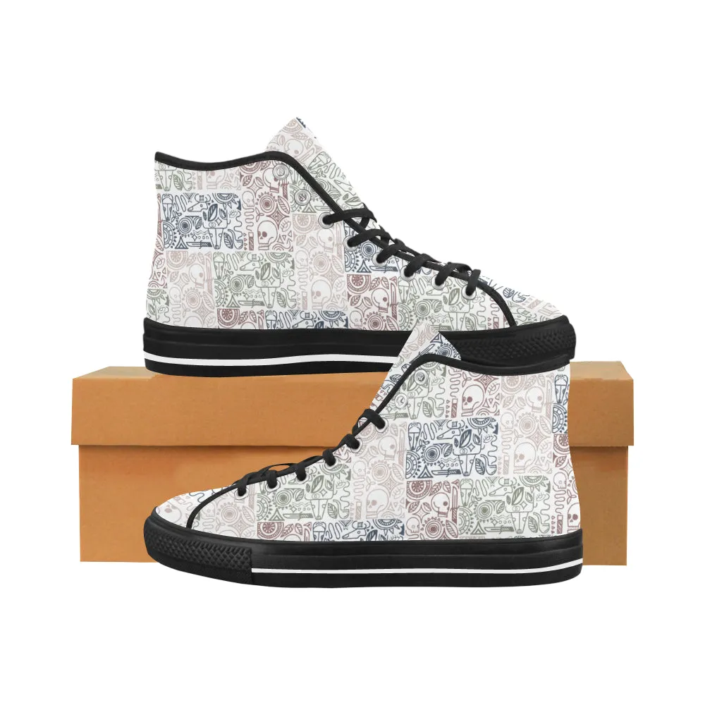 Men's Big Size White Skull Doodle Print Canvas High Top Shoes