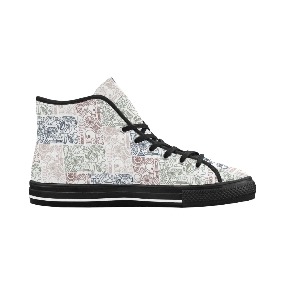 Men's Big Size White Skull Doodle Print Canvas High Top Shoes