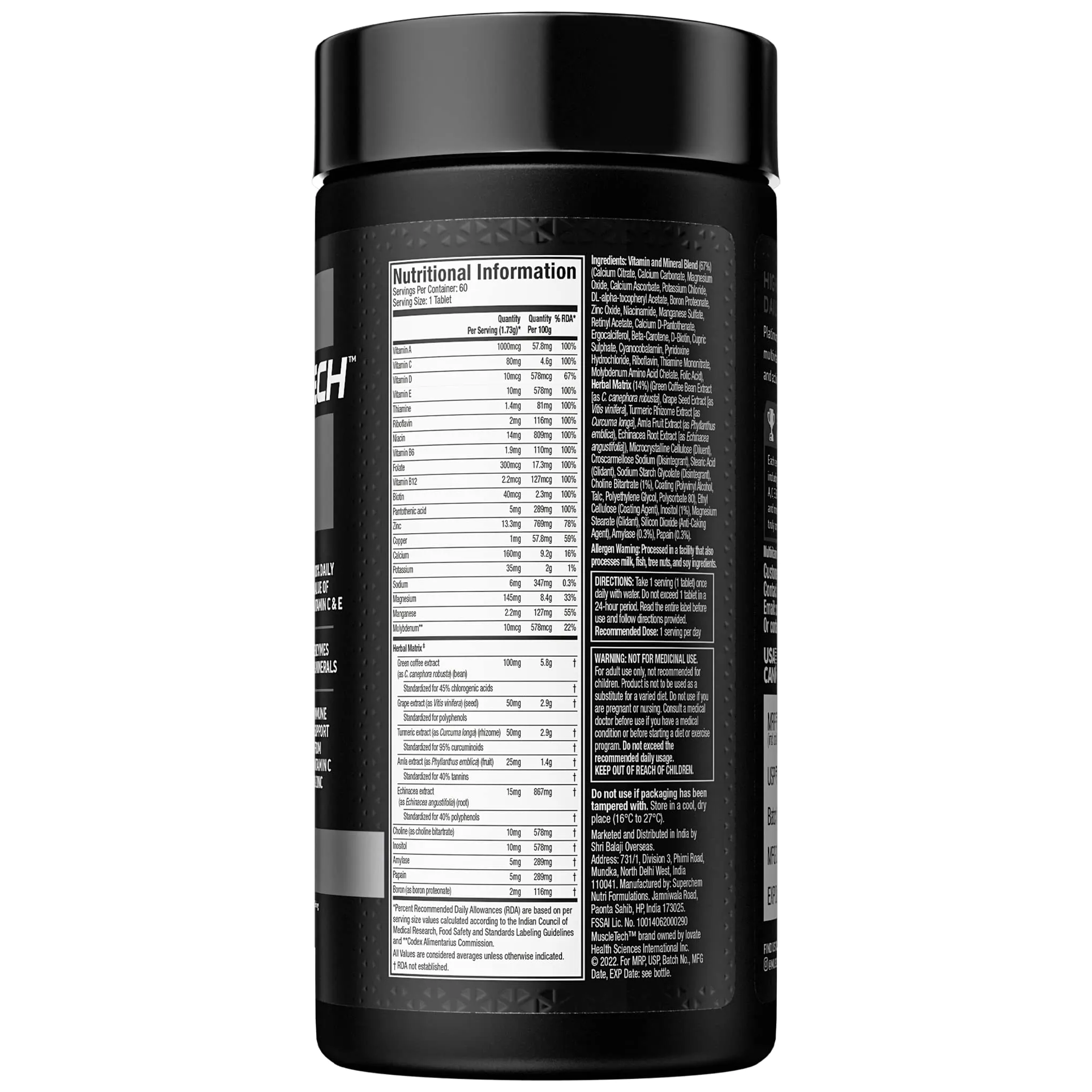 MuscleTech Platinum Multivitamin, Vitamin C for Immune Support, 18 Vitamins & Minerals, 60 Tablets