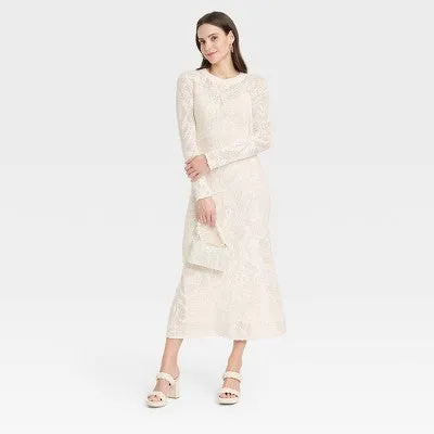 New - Women's Long Sleeve Maxi Pointelle Dress - A New Day Cream S