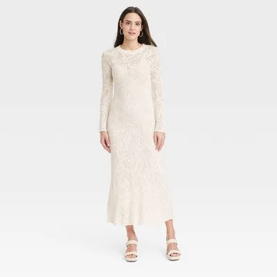 New - Women's Long Sleeve Maxi Pointelle Dress - A New Day Cream S