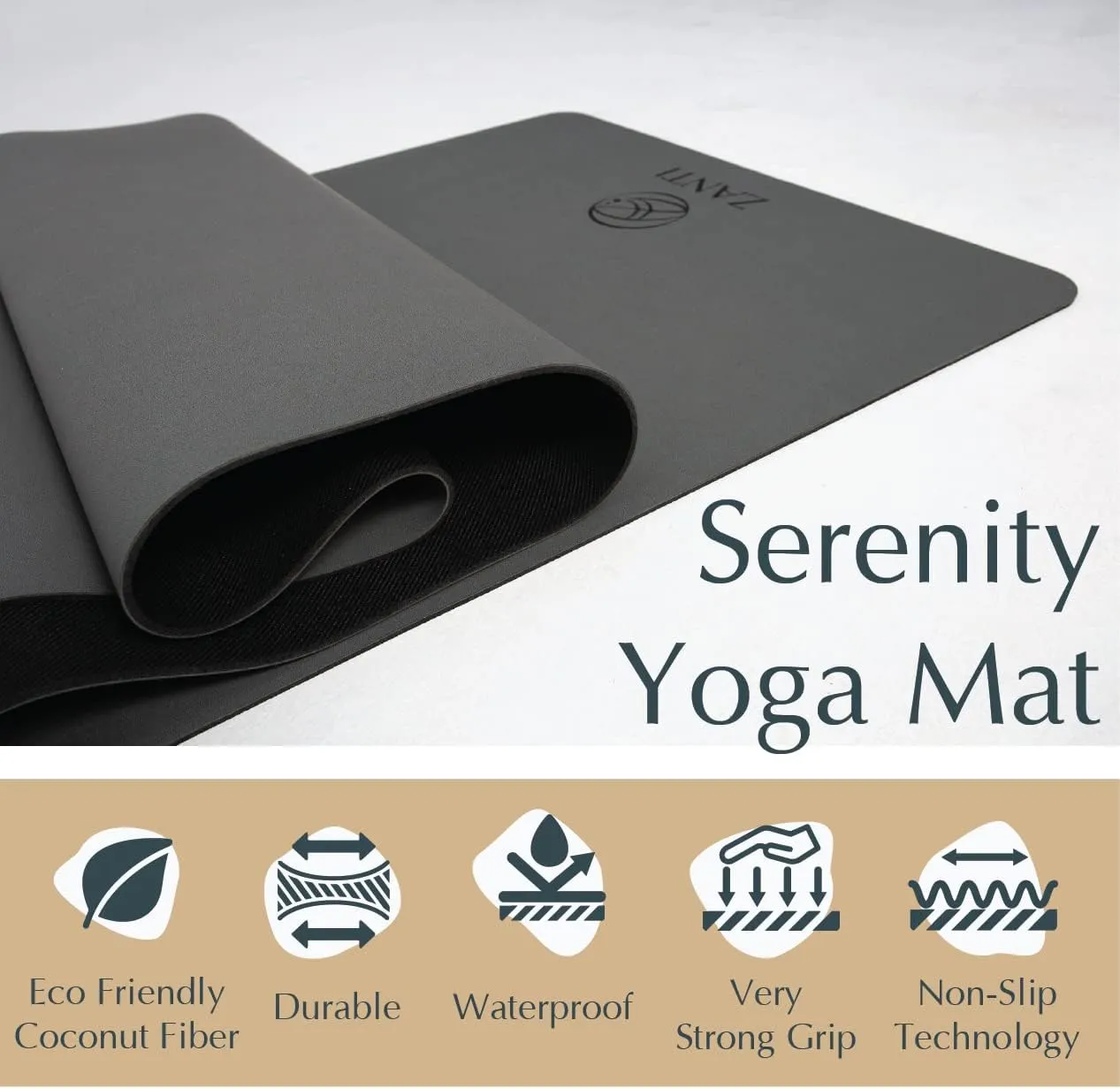 Premium Yoga Mat, Eco Friendly Coconut Fiber, Non Toxic, Non Slip Grip, 5mm Thick