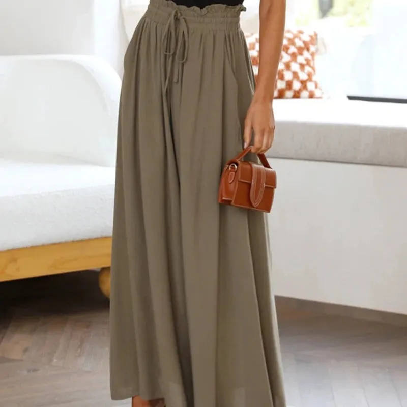 Solid Color Drawstring Elastic Waistband Pocketed Wide-Leg Pants