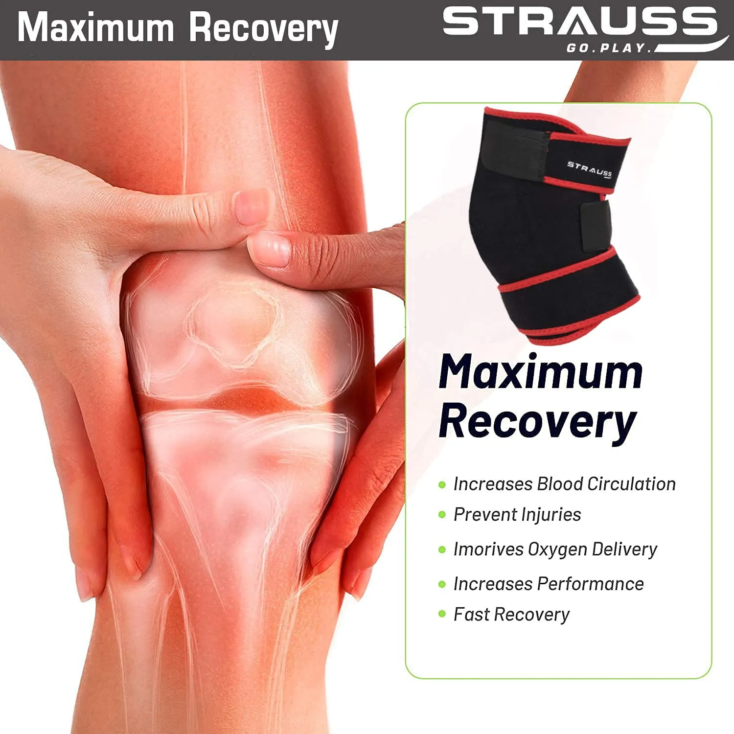 Strauss Adjustable Knee Support |Knee Cap for Knee Pain, Gym Workout, Running| Knee Support for Men and Women | Knee Brace |Knee Guard |Knee belt | Single, (Free Size, Black)