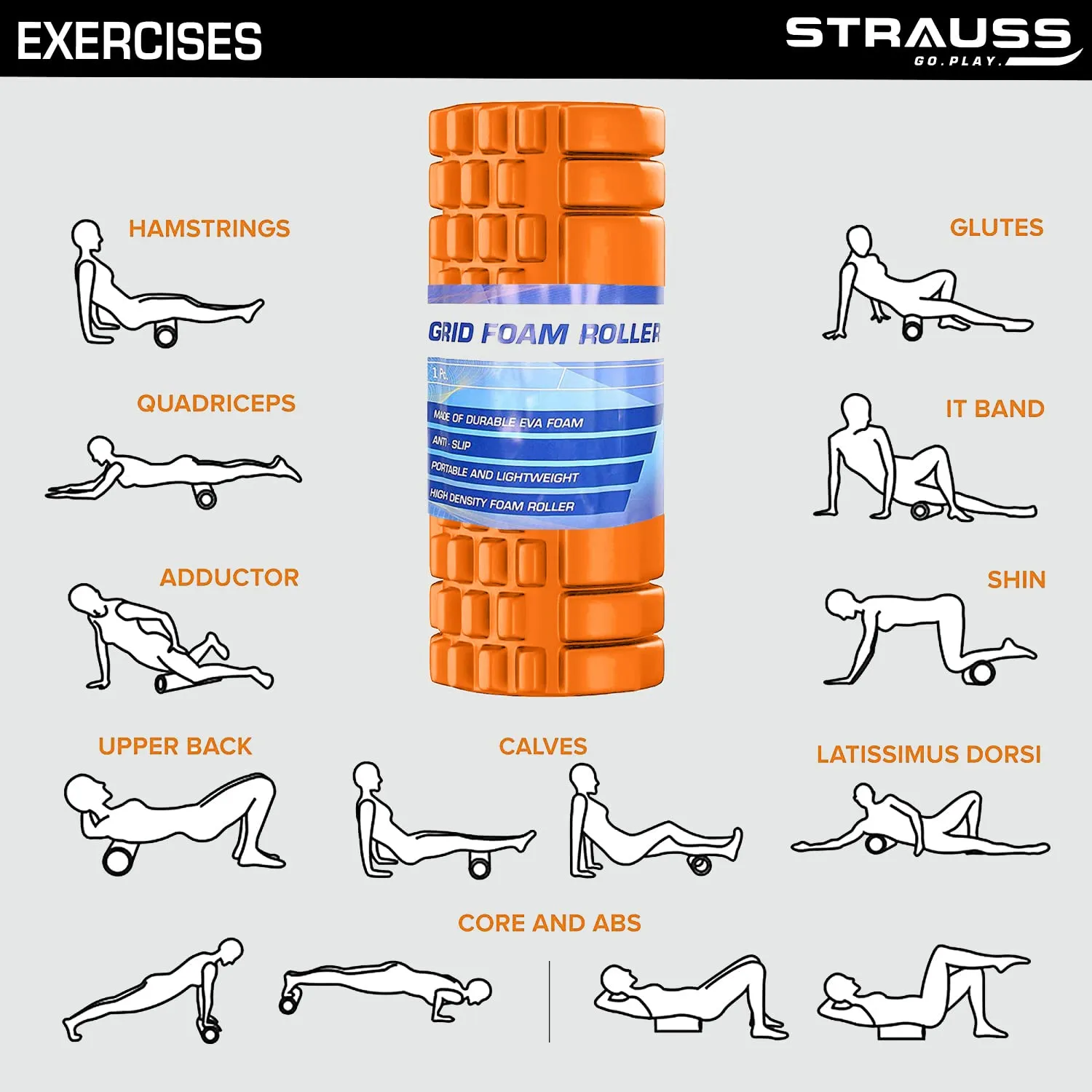 Strauss Deep Tissue Massage Foam Roller, 33 cm, (Orange)