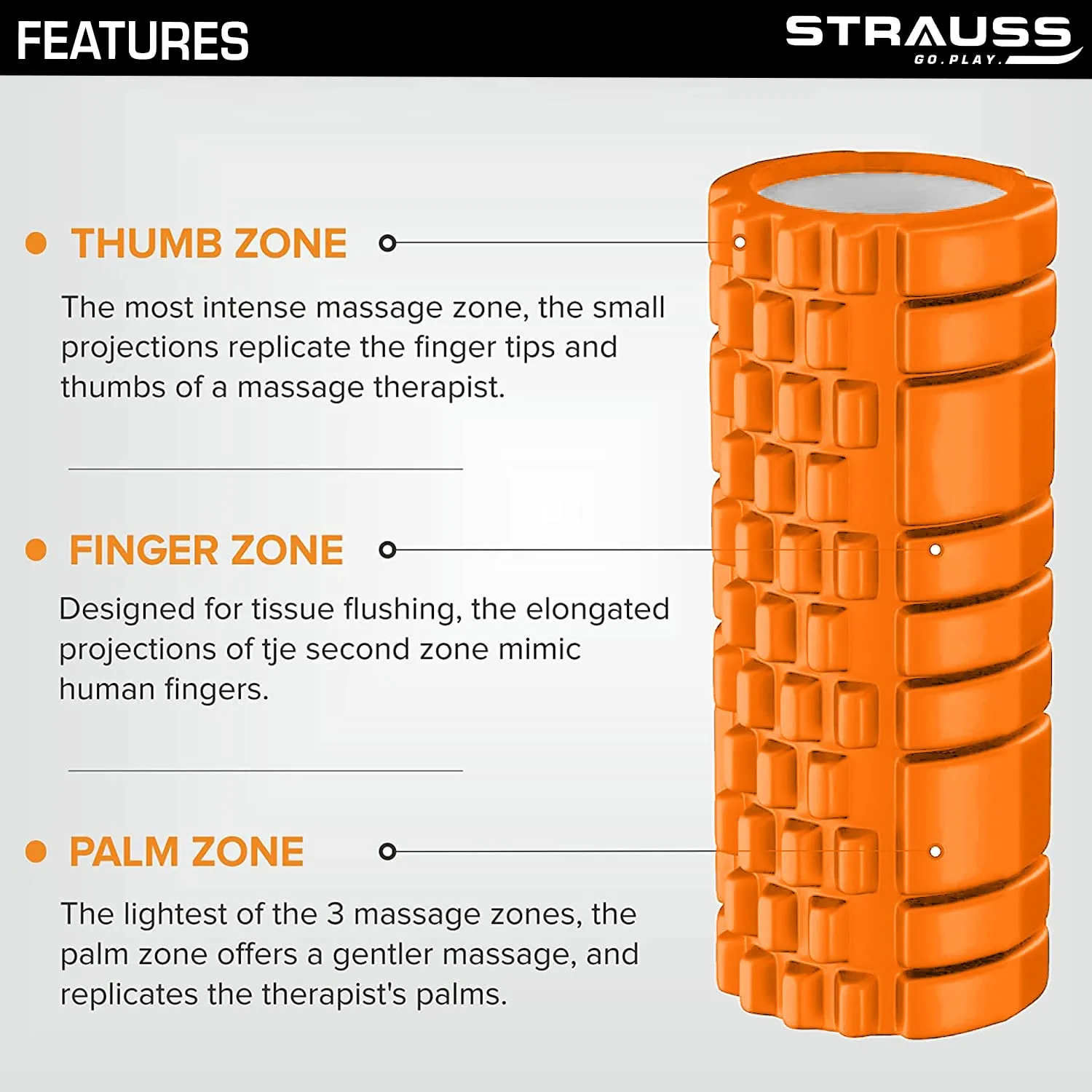 Strauss Deep Tissue Massage Foam Roller, 33 cm, (Orange)