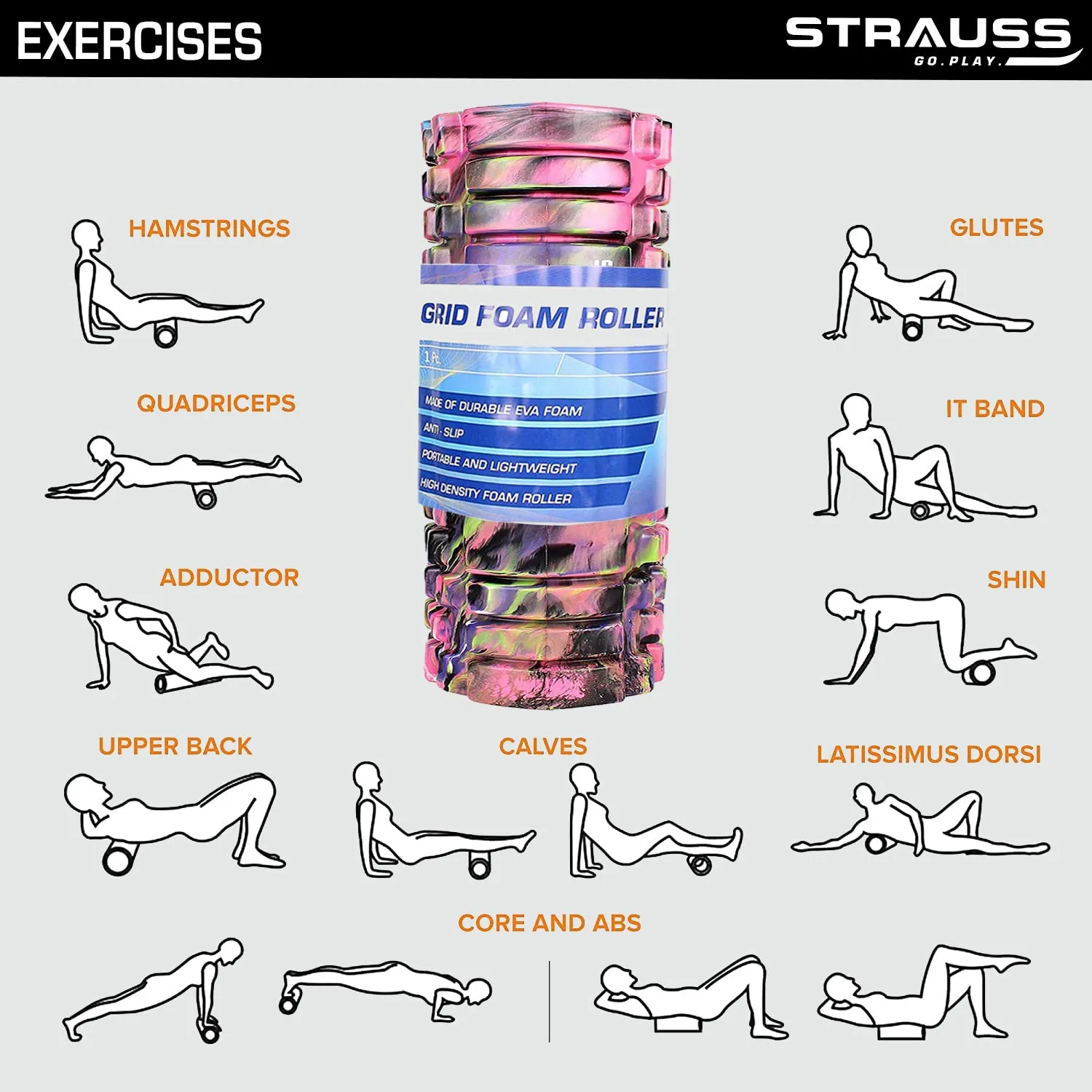 Strauss Deep Tissue Massage Foam Roller, 45 cm, (Pink)