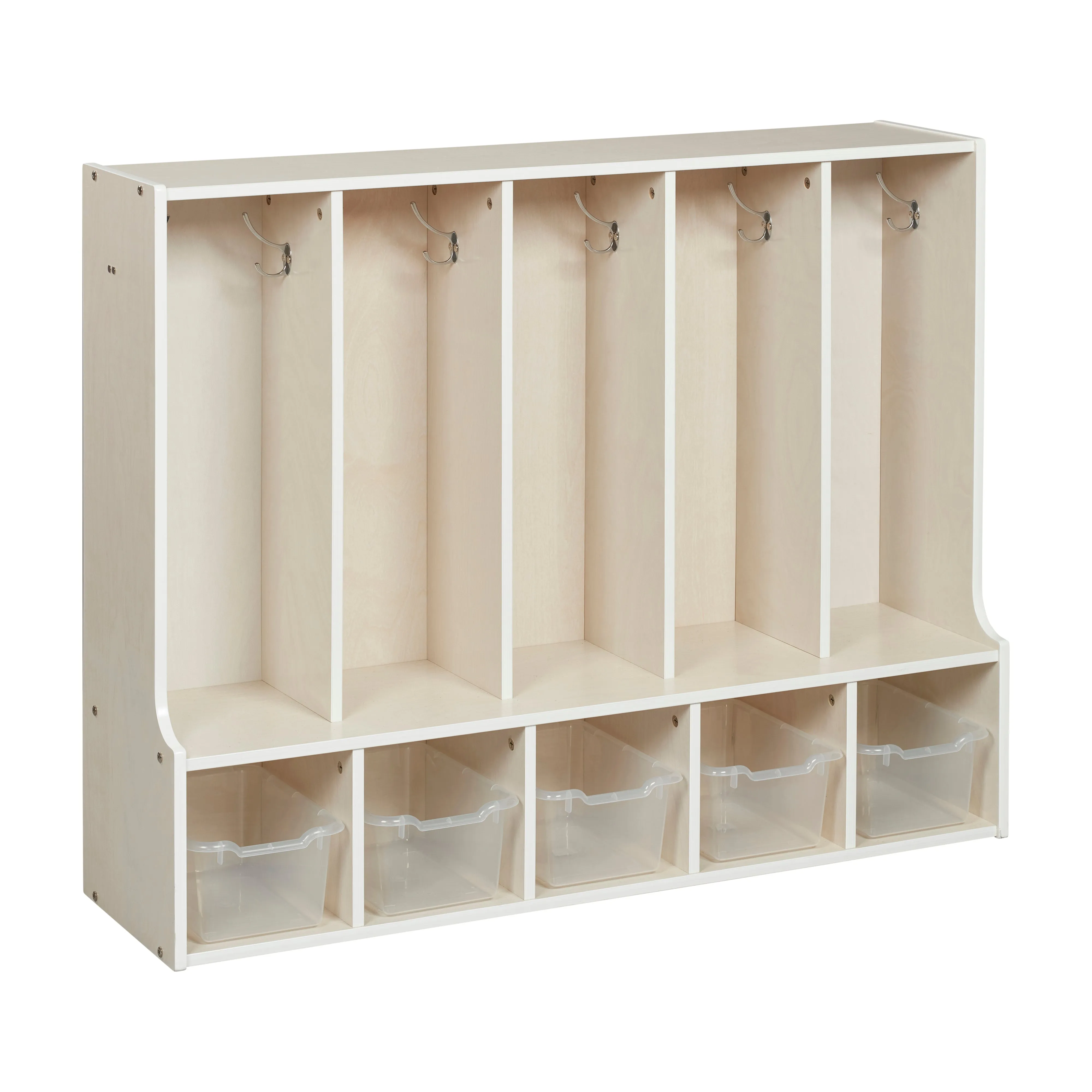 Streamline 5-Section Coat Locker with Bench and Scoop Front Storage Bins, Toddler Size, White Wash