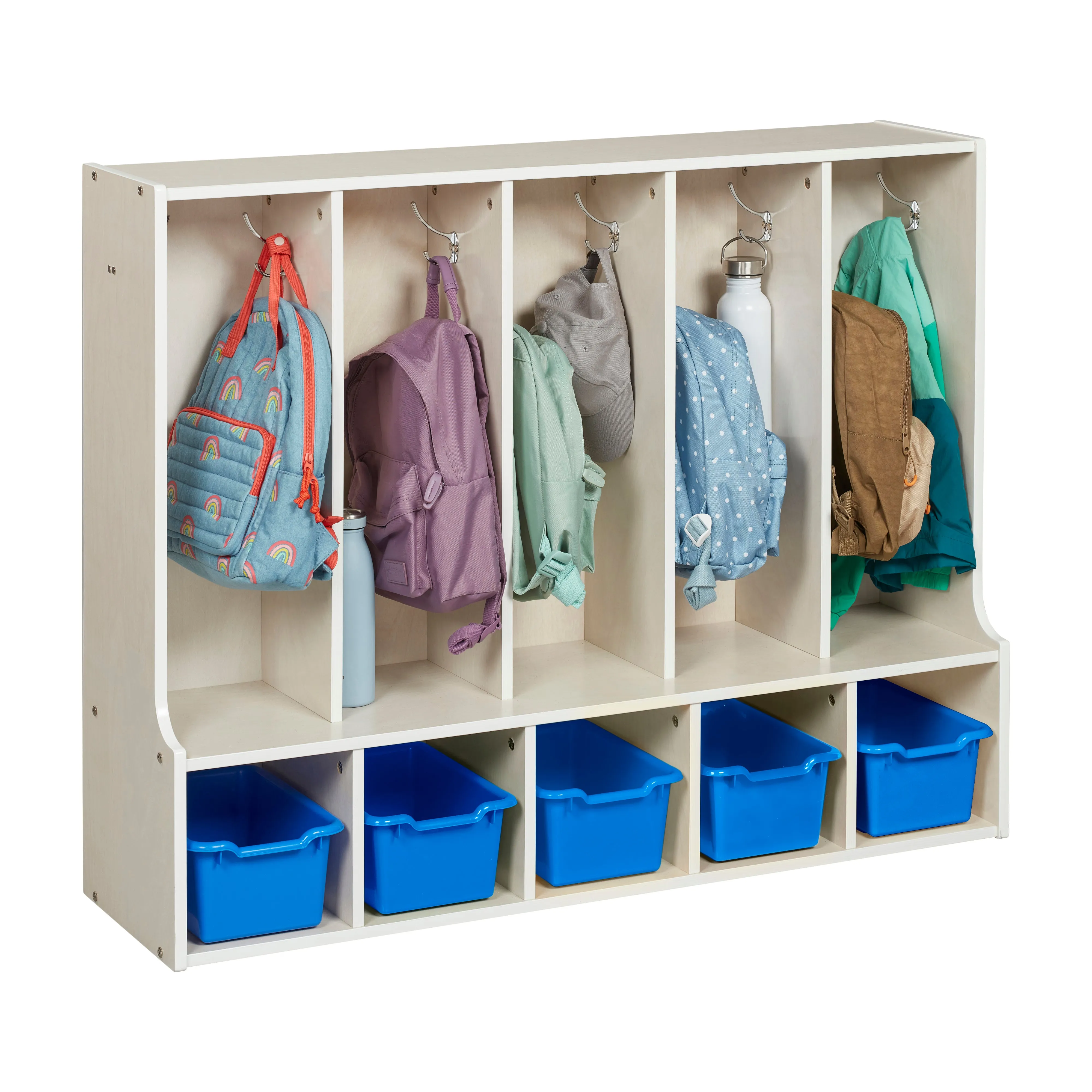 Streamline 5-Section Coat Locker with Bench and Scoop Front Storage Bins, Toddler Size, White Wash