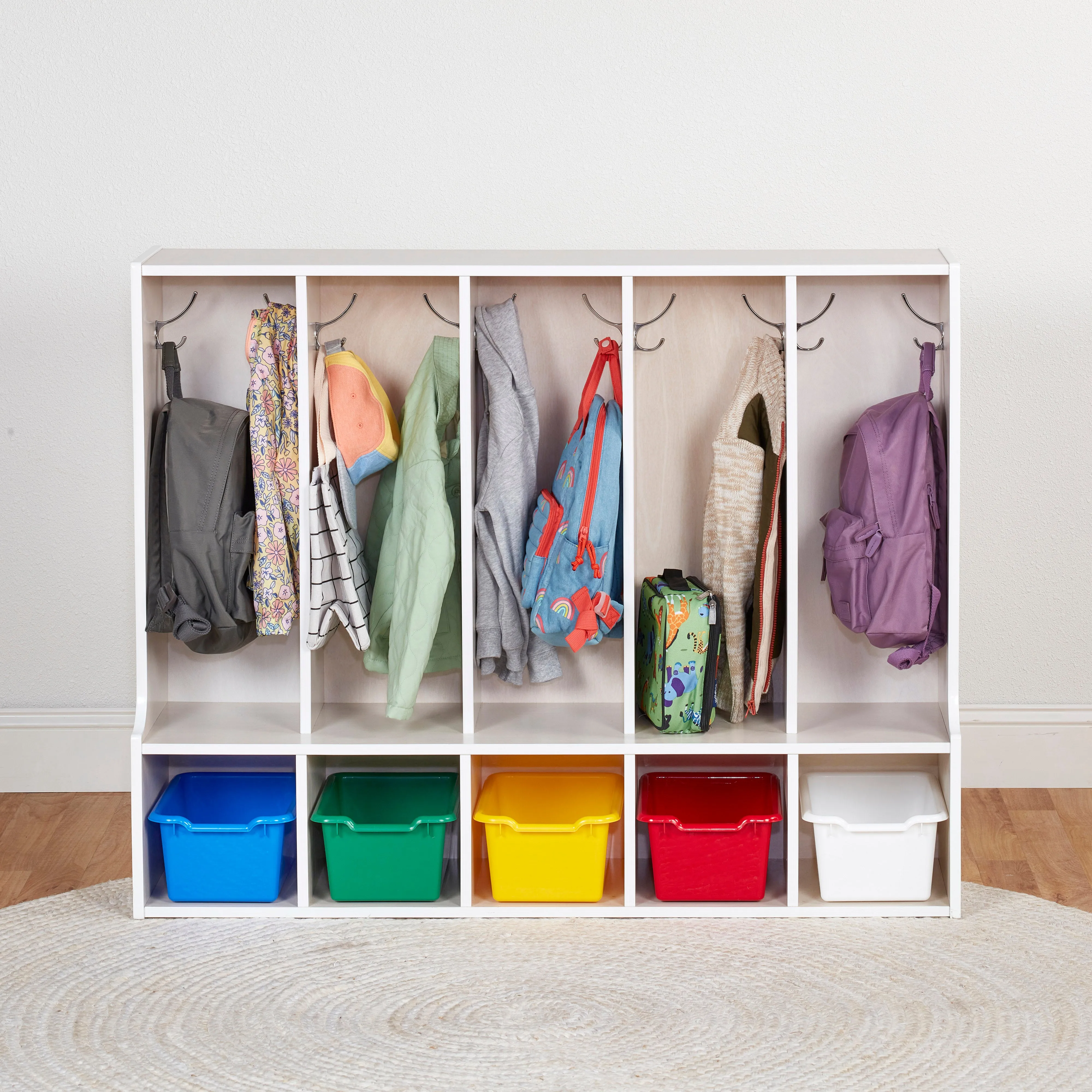 Streamline 5-Section Coat Locker with Bench and Scoop Front Storage Bins, Toddler Size, White Wash