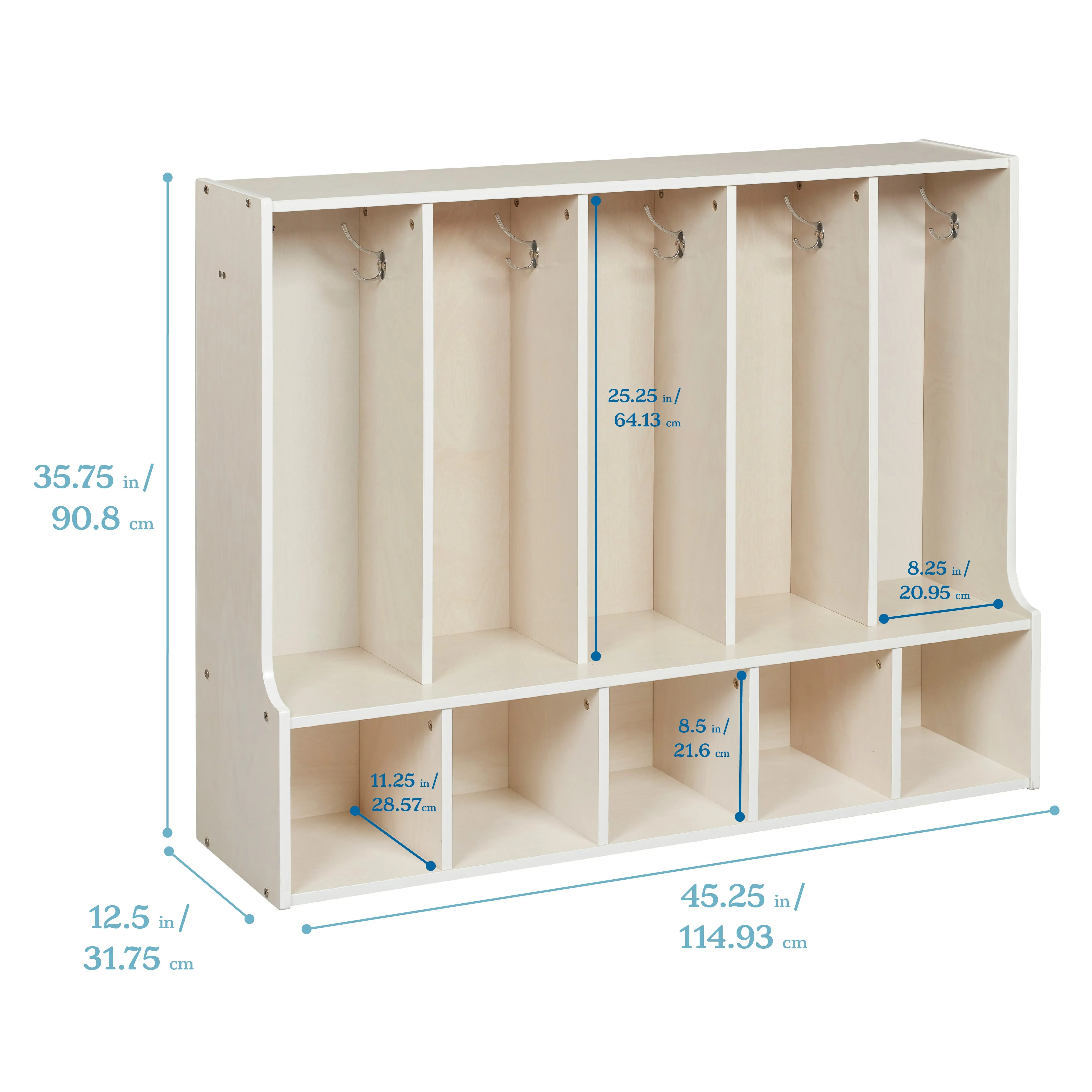 Streamline 5-Section Coat Locker with Bench and Scoop Front Storage Bins, Toddler Size, White Wash