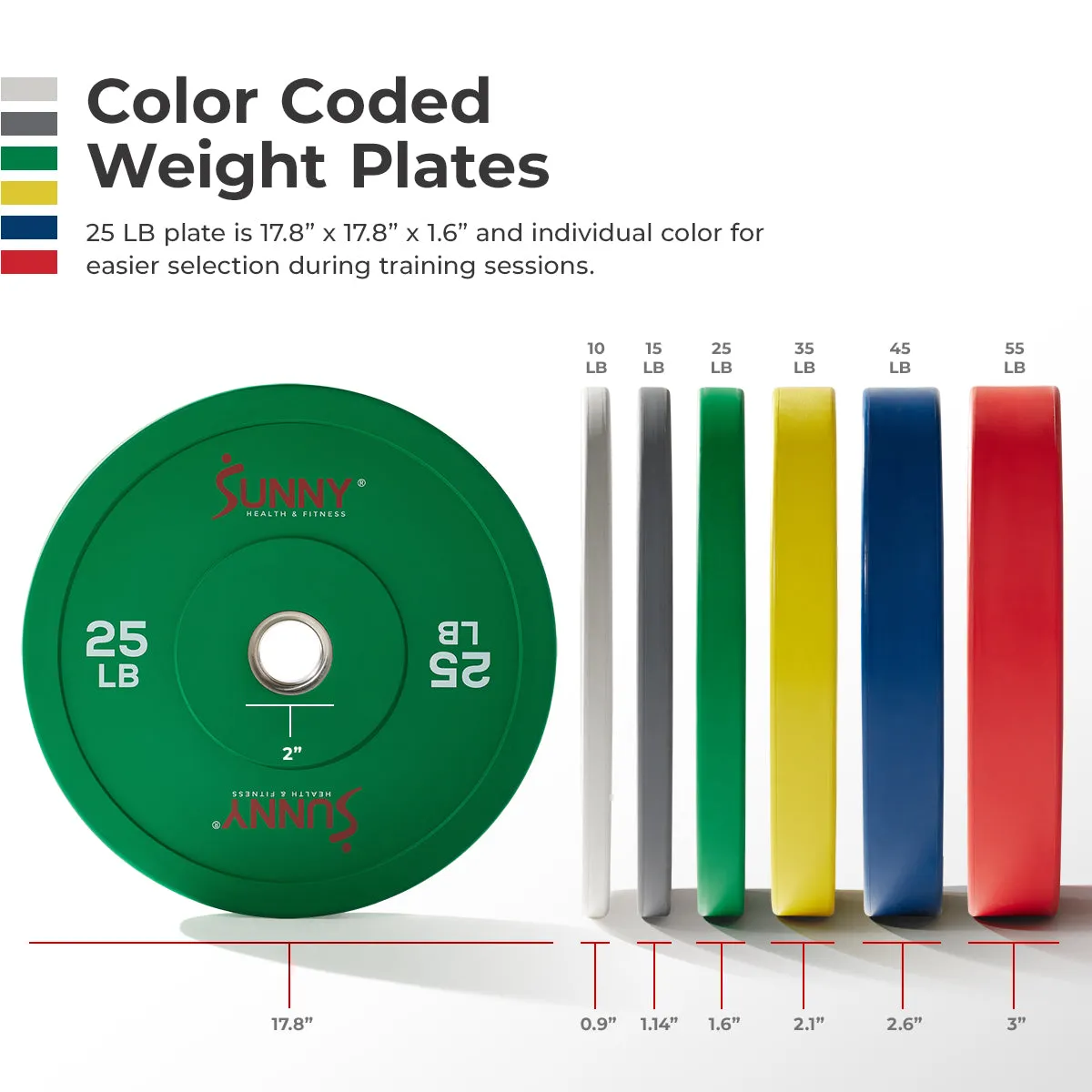 Sunny Strength™ Elite 2-inch Rubber Olympic Weight Plates 10 - 55 LBS