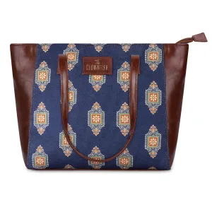 THE CLOWNFISH Valentine Printed Handicraft Fabric & Faux Leather Handbag for Women Office Bag Ladies Shoulder Bag Tote for Women College Girls (Dark blue)